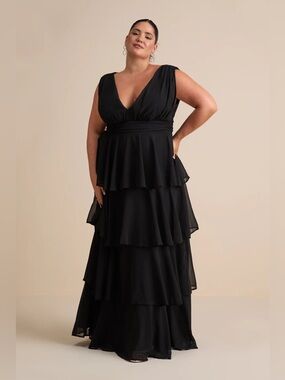 Lulus Dramatic Entrance Black Tiered V-neck Maxi Dress 2X